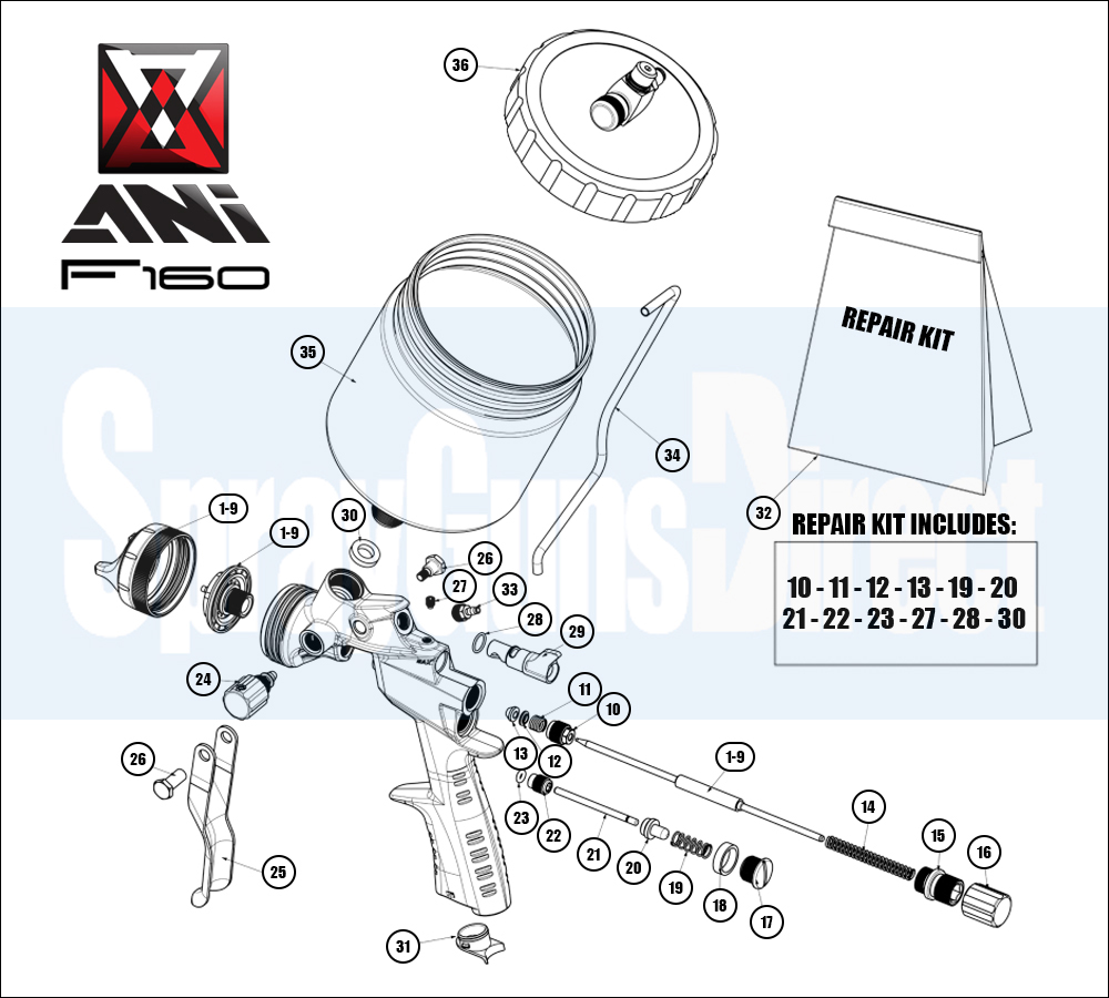 ani f160 snake edition gravity pressure assisted spray gun spare parts