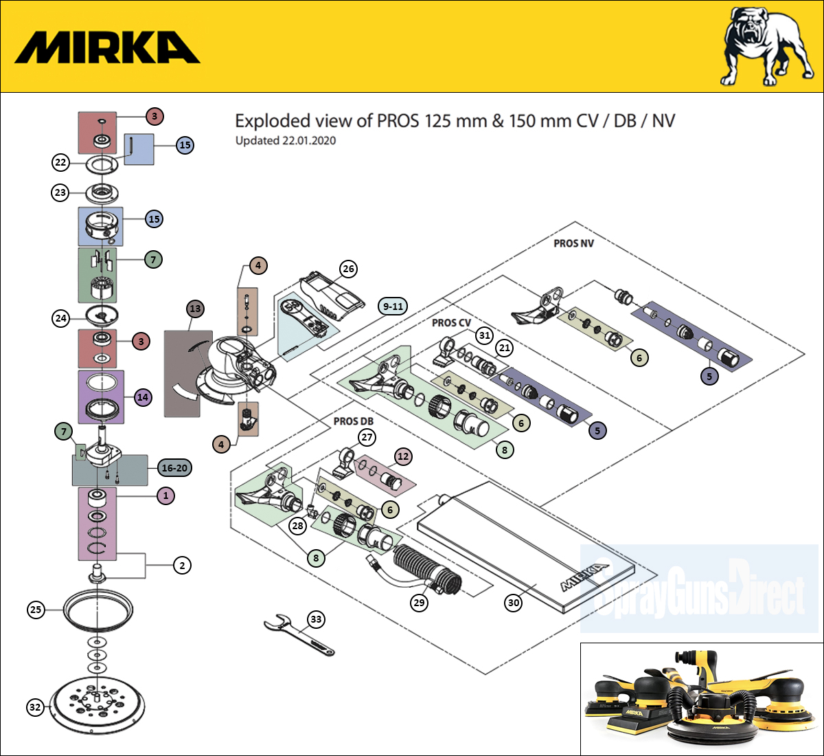 Mirka PROS 625CV 150mm 2.5mm Air Orbital Palm Sander (8995625111) Spare Parts Breakdown