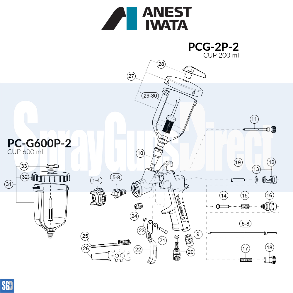 Iwata W300 Spray Gun Spares and Parts Breakdown