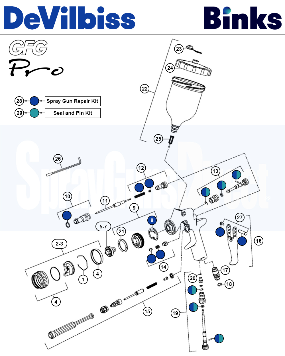 Binks DeVilbiss GFG PRO Conventional Gravity Spray Gun Spare Parts Breakdown