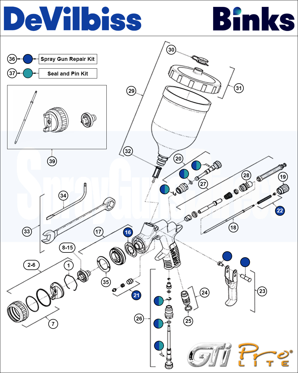 Binks DeVilbiss GTi PRO Lite Gravity Spray Gun Spare Parts Breakdown