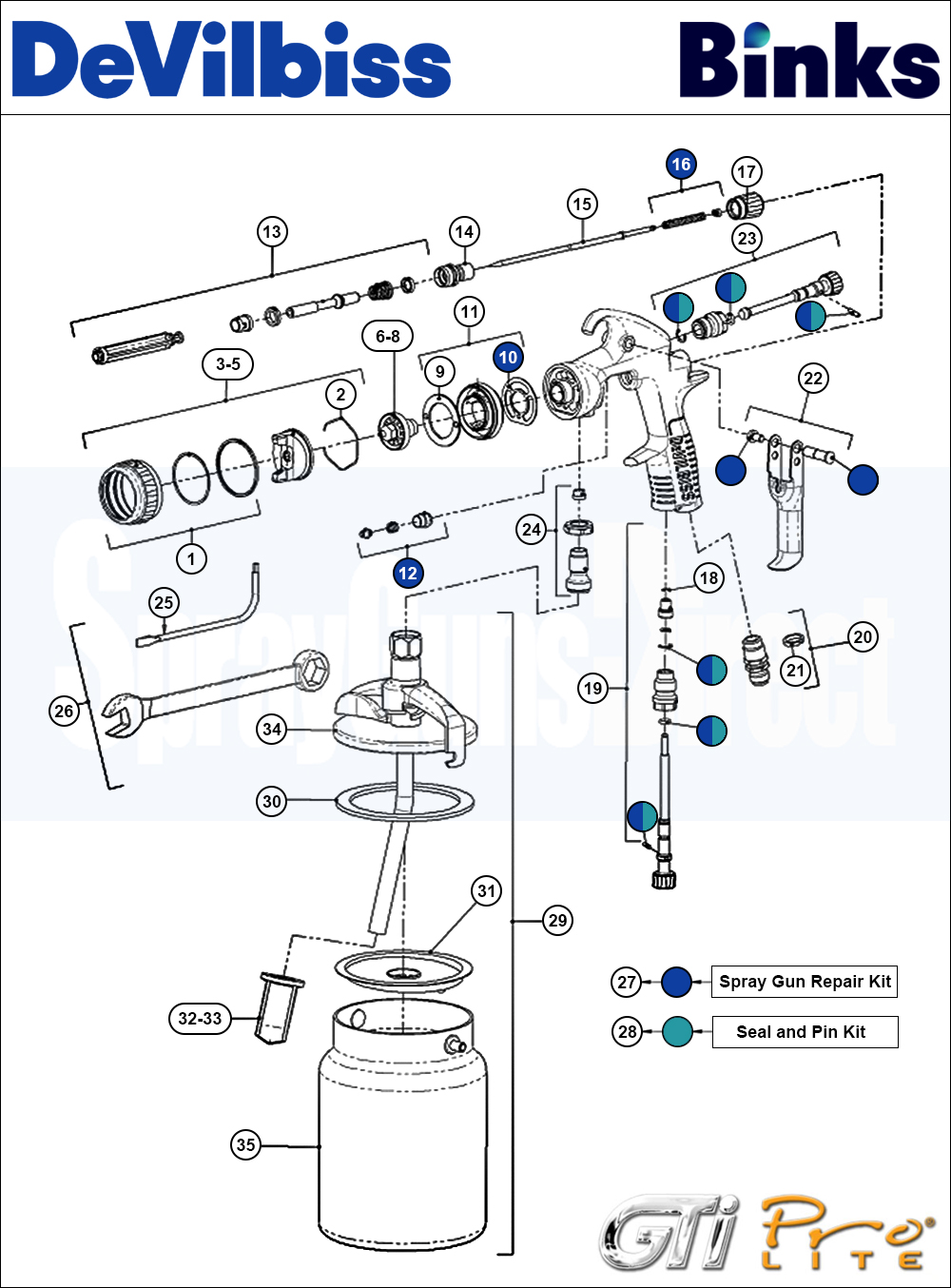 Binks DeVilbiss GTi PRO Lite Suction Spray Gun Spare Parts Breakdown