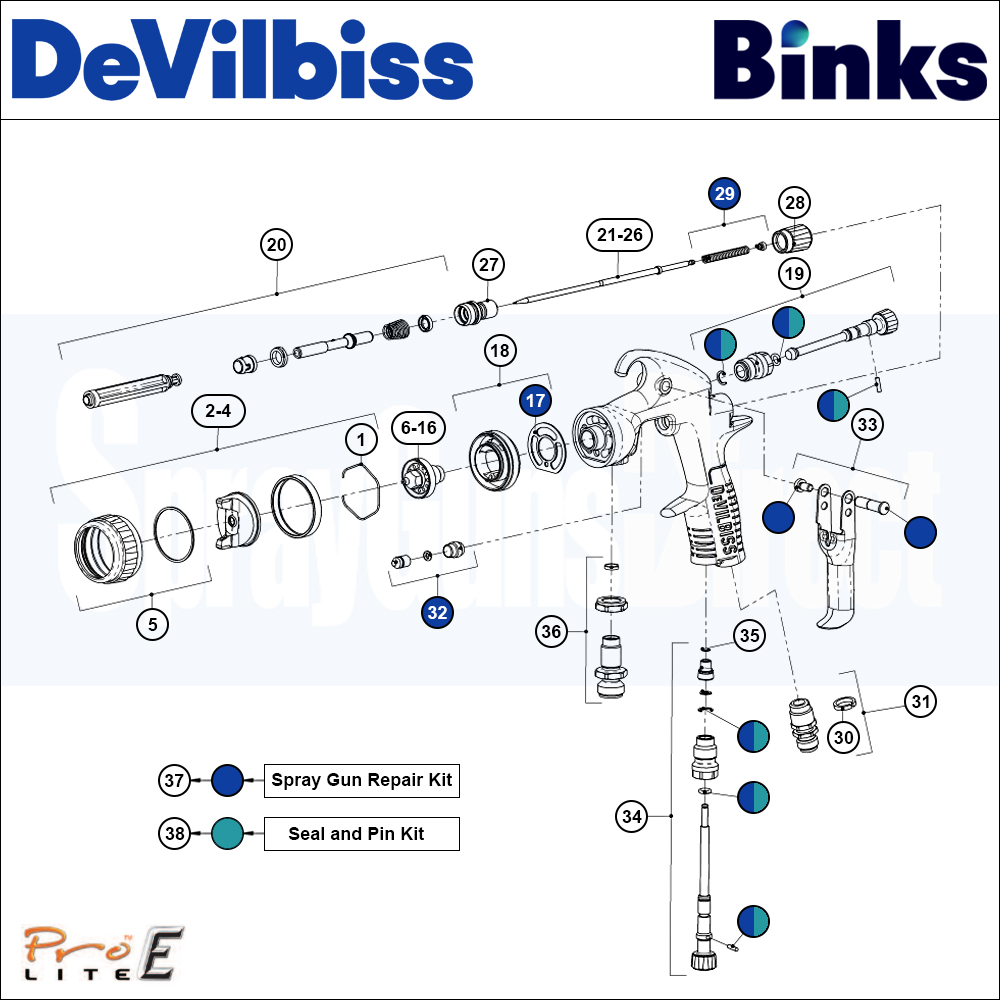 Binks DeVilbiss PRO Lite E Conventional Pressure Spray Gun Spare Parts Breakdown