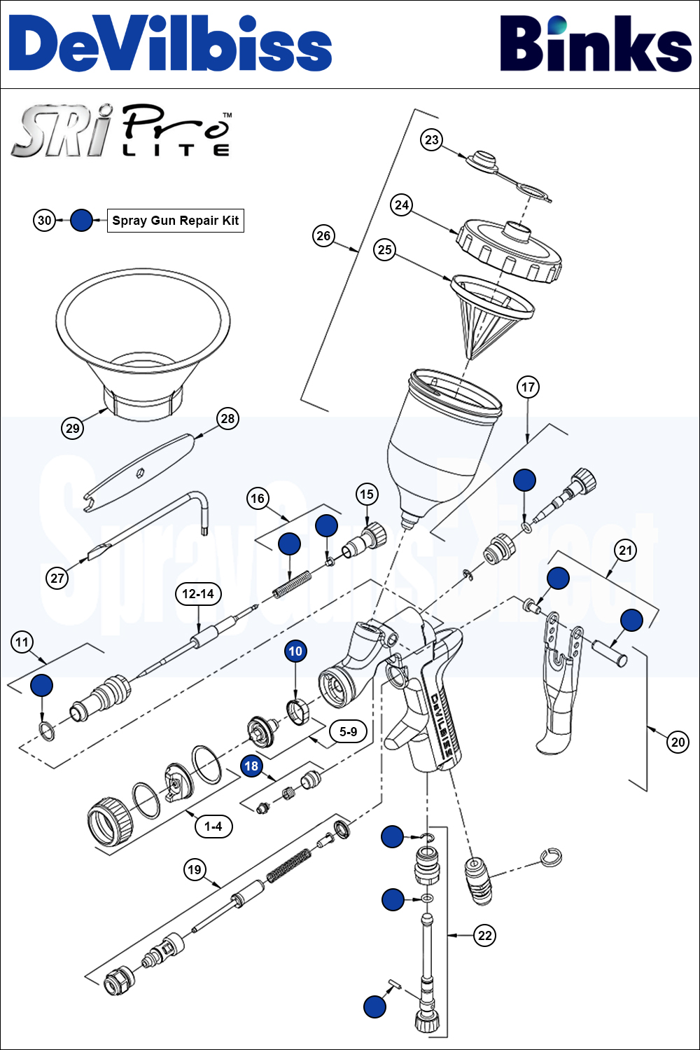 Binks DeVilbiss SRi PRO Lite Micro Spot Repair Gravity Spray Gun Spare Parts Breakdown