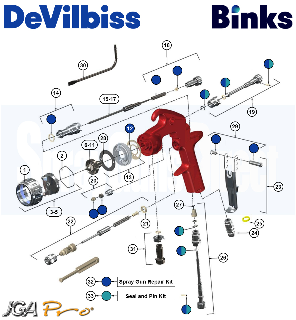 Binks DeVilbiss JGA PRO Conventional Pressure Spray Gun Spare Parts Breakdown