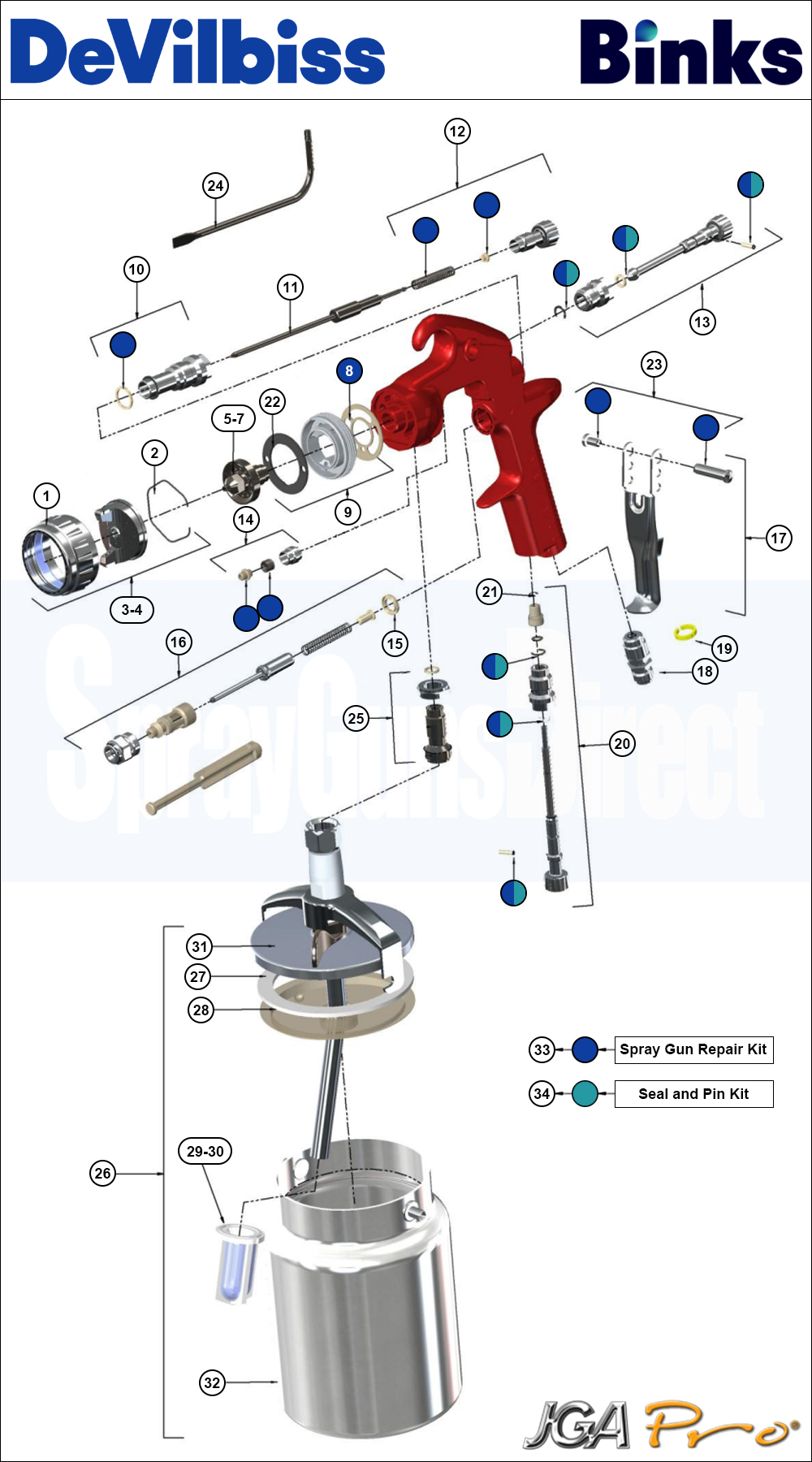 Binks DeVilbiss JGA PRO Conventional Suction Spray Gun Spare Parts Breakdown