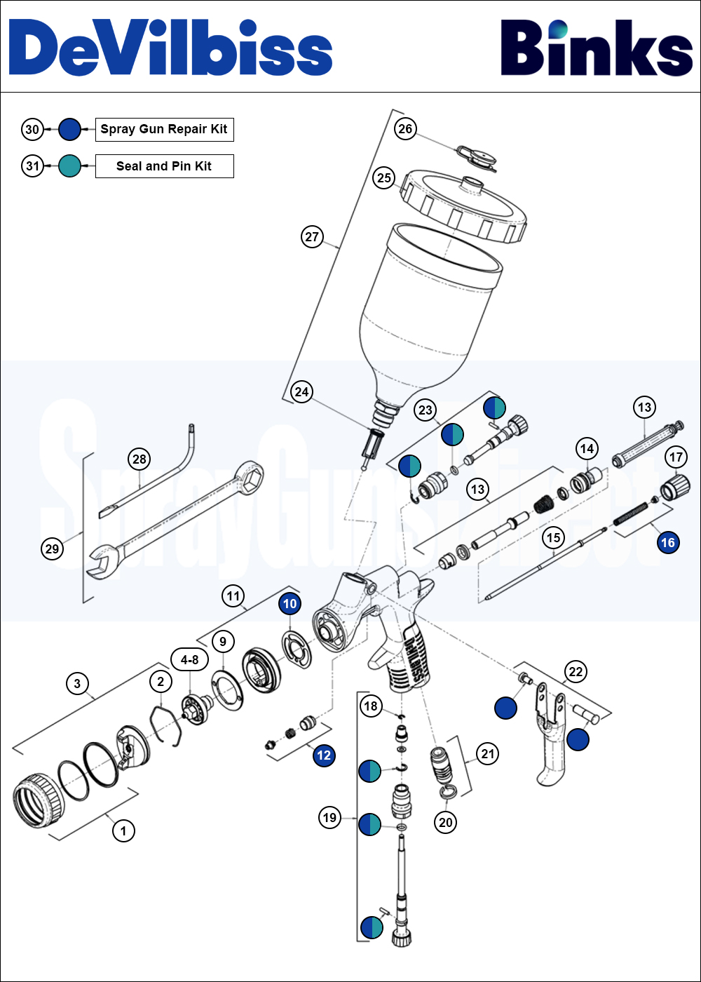 Binks DeVilbiss PRi PRO Lite Gravity Spray Gun Spare Parts Breakdown