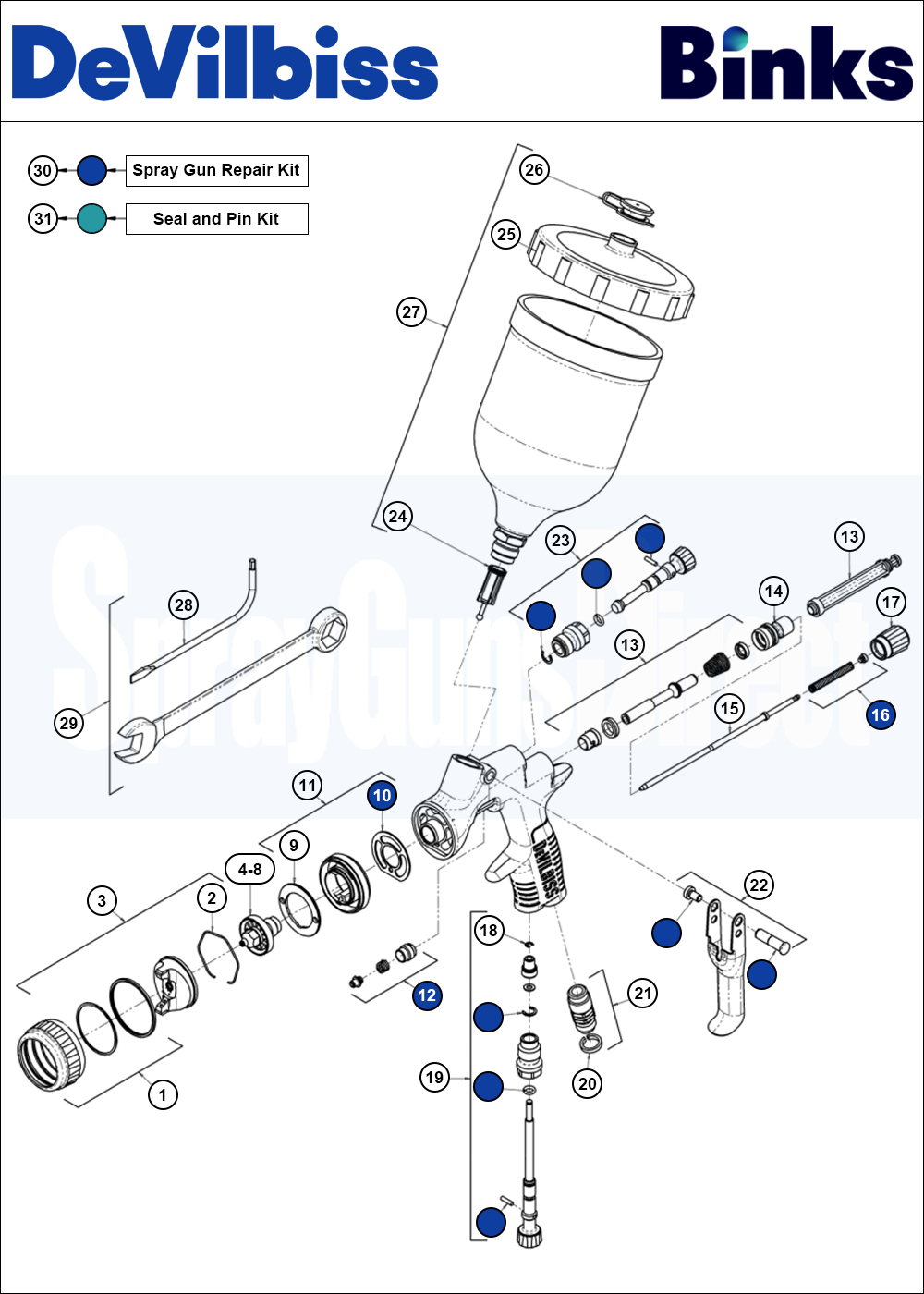 Binks DeVilbiss PRi PRO Lite Gravity Spray Gun Spare Parts Breakdown