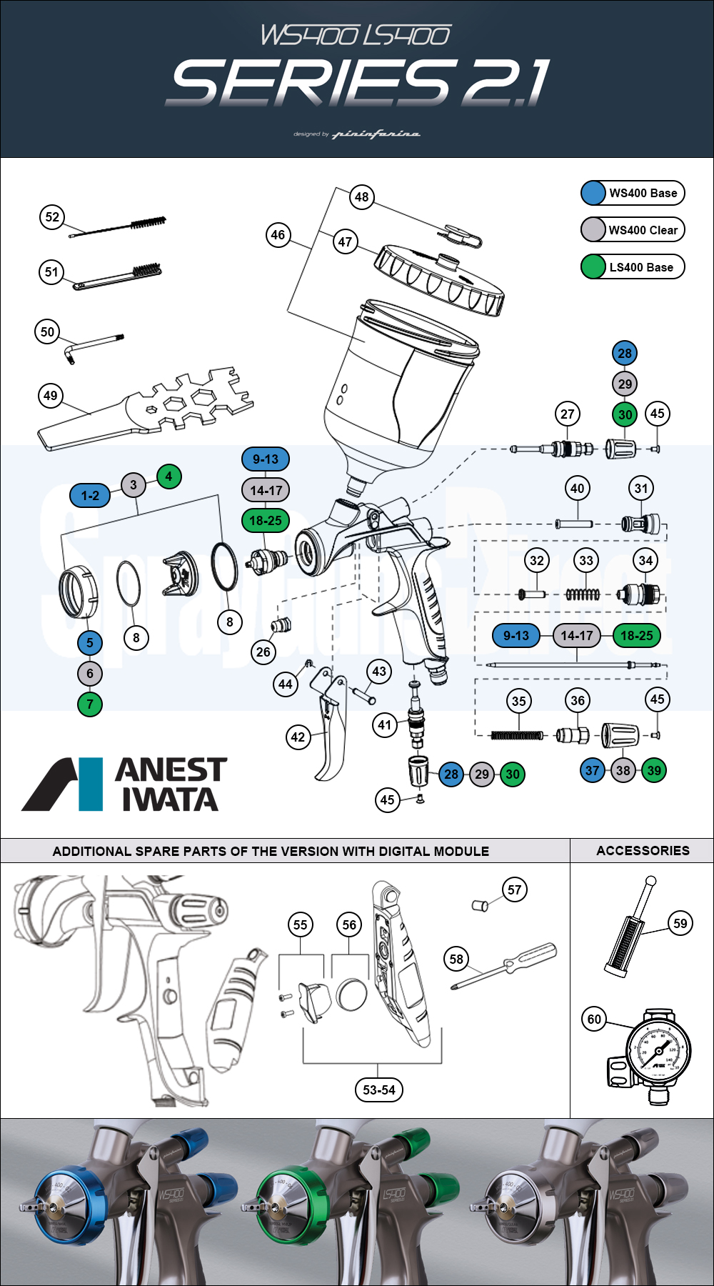 Anest Iwata WS400 & LS400 Series 2.1 Spray Gun Spare Parts Breakdown