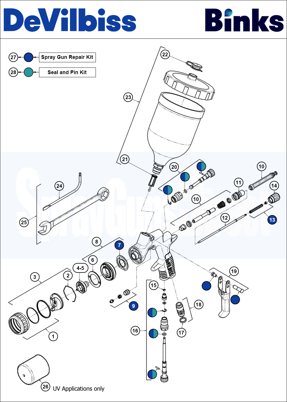 DeVilbiss PRi PRO Lite UV Gravity Spray Gun Spare Parts Breakdown