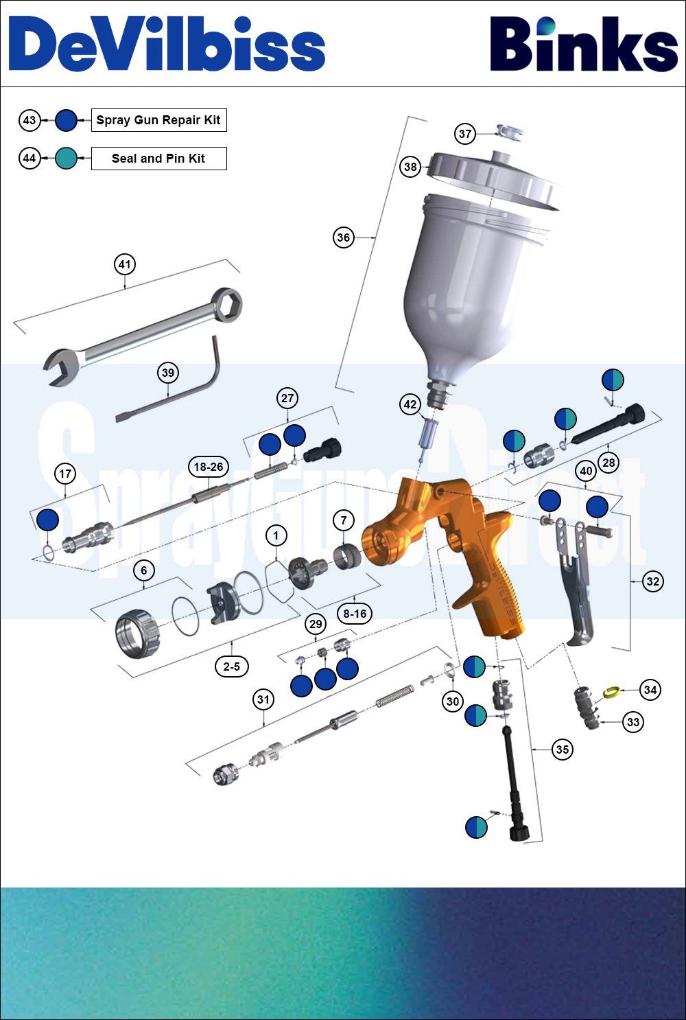 Binks DeVilbiss Advance HD Compliant Gravity Spray Gun Spare Parts Breakdown