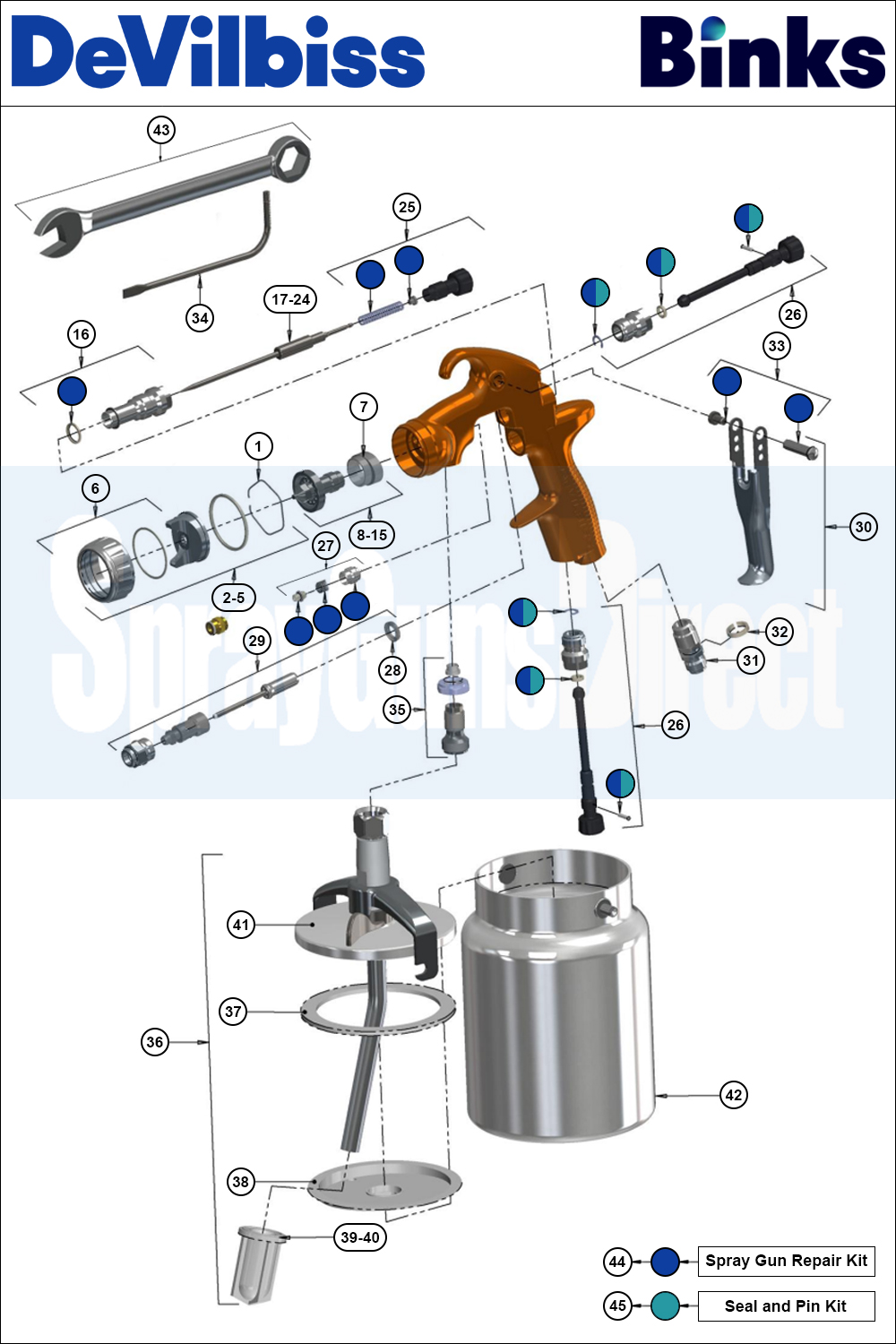 Binks DeVilbiss Advance HD Compliant Suction Spray Gun Spare Parts Breakdown